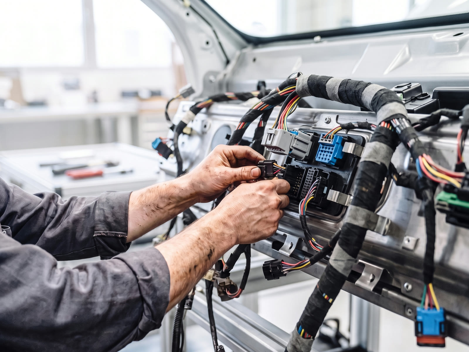 A worker connects an automotive wiring harness by hand.