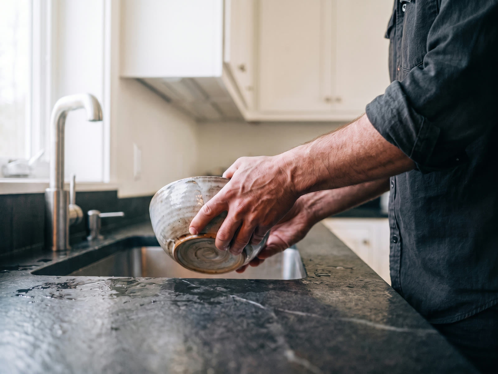 A person tilts and cleans a bowl in a kitchen.
