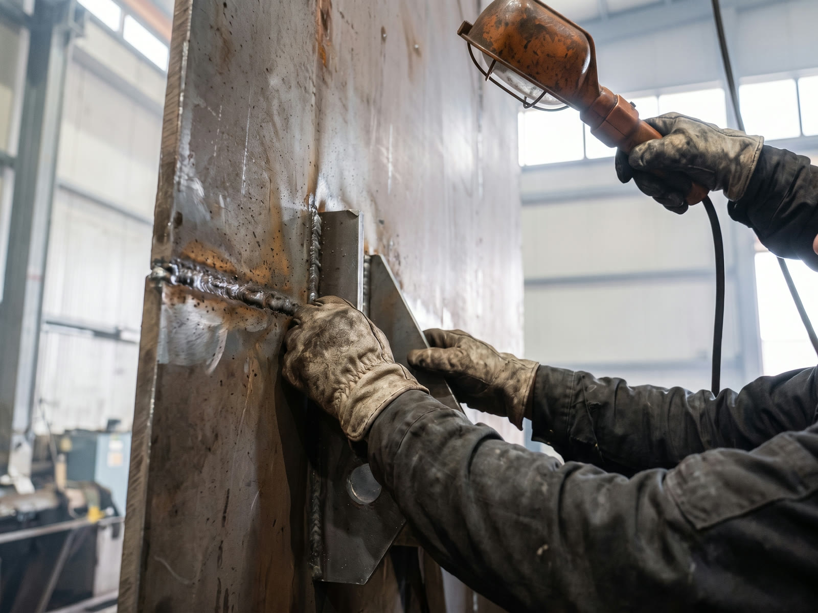 A worker aligns a steel bracket at a shipyard.
