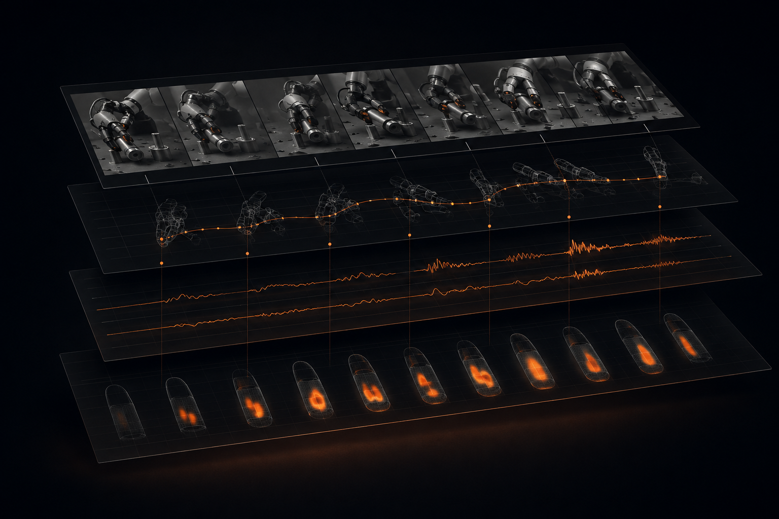Dream Set concept: video, motion, force, torque, and tactile data aligned on a shared timeline.